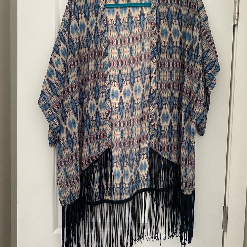 Xhilaration Multicolor Patterned Kimono with Fringe